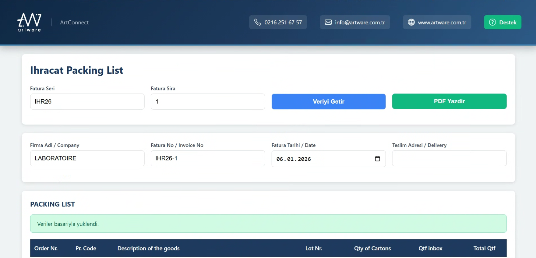İhracat Packing List Otomasyon Sistemi
